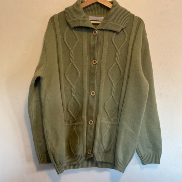 Fiorella Sweaters - Fiorella Vtg Cardigan Sweater Chunky Cable Knit Pockets Academia Relax Green XL